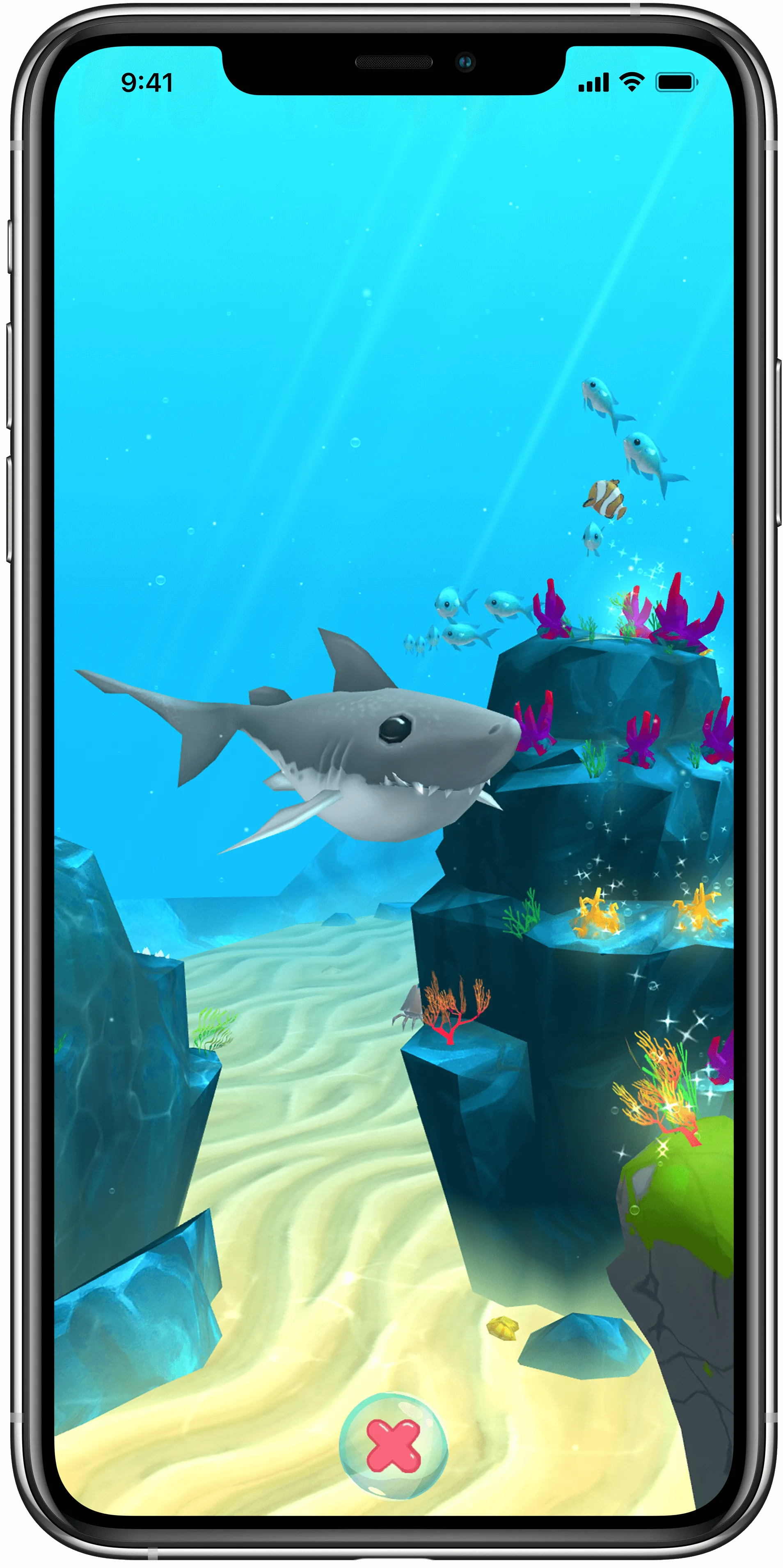 A framed screenshot of a shark in Rainbow Reef, A Mobile Game Developed in Sydney by Chaos Theory Games
